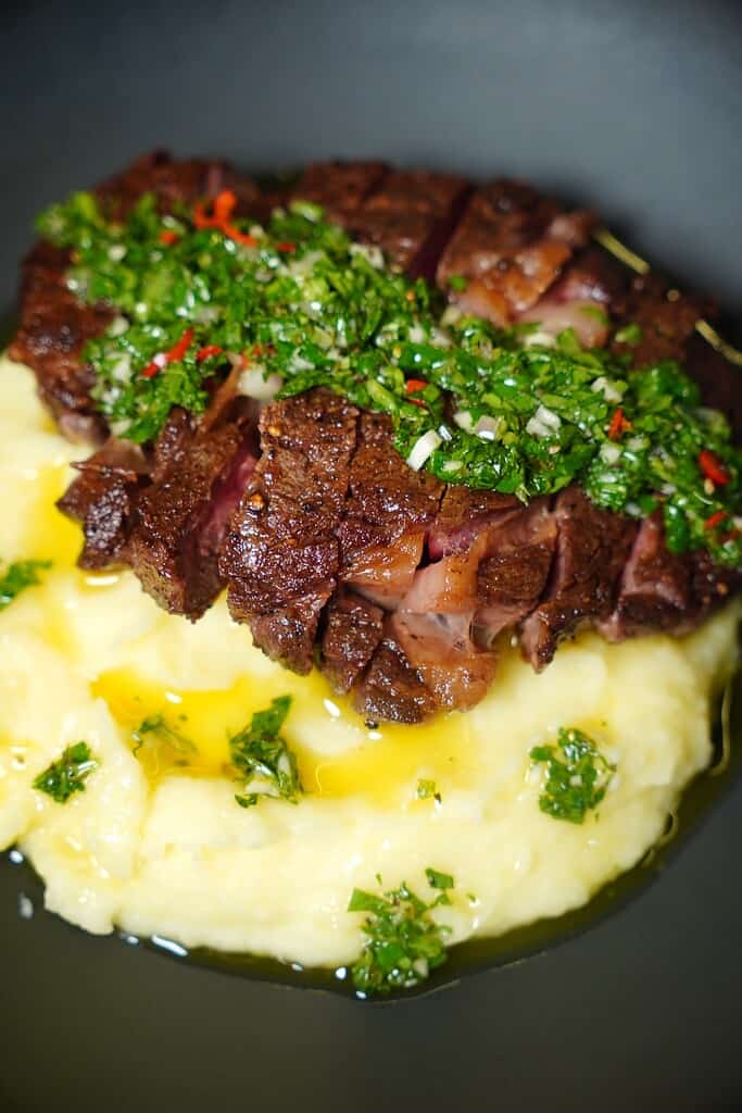 Chimichurri Over Steak and Mashed Potatoes