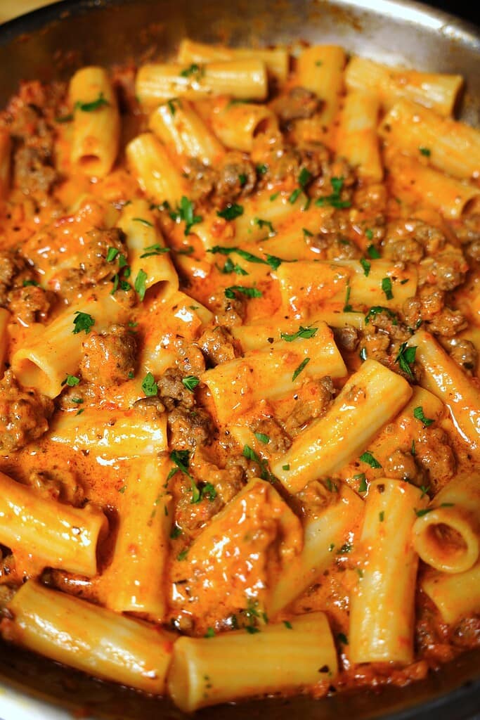 Creamy Tomato Beef Pasta with Rigatoni