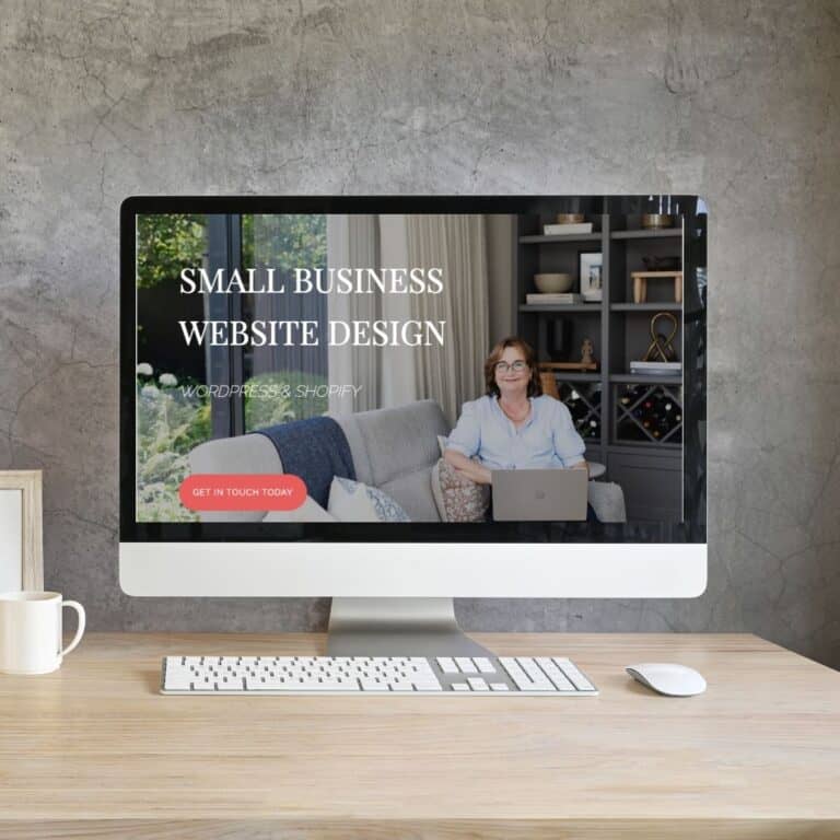 Small business website design on desktop computer with woman working at home.