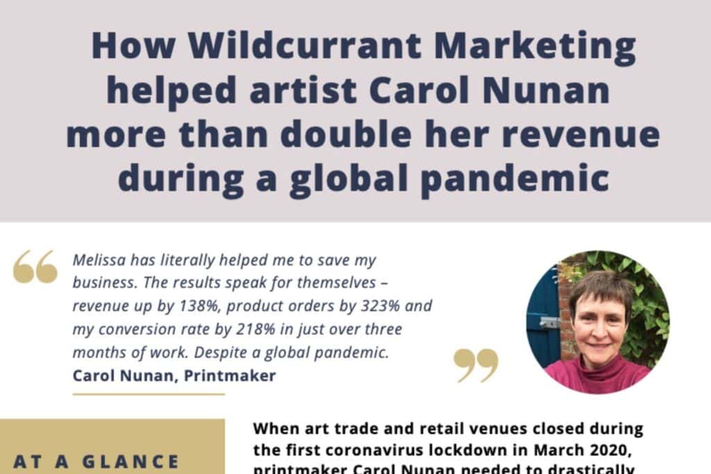 Infographic about How Wildcurrant Marketing helped artist Carol Nunan more than double her revenue during a global pandemic. Includes a photo of a woman, a testimonial, and a brief case study on business growth. Wildcurrant Marketing