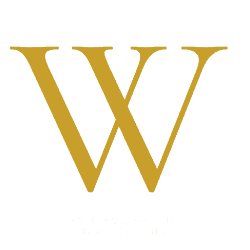 A large, stylized letter W is centered on a tan background. Below the letter, the words Wildcurrant Marketing are written in small, white capital letters. Wildcurrant Marketing