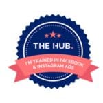 A circular badge with a dark blue background displays the text THE HUB. above two stars. A pink banner below reads, IM TRAINED IN FACEBOOK & INSTAGRAM ADS. For inquiries or to get in touch, feel free to contact us anytime. Wildcurrant Marketing