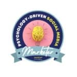 Circular logo with a yellow brain on a pink background, resembling a light bulb. The text reads Psychology-Driven Social Media Marketer in a blue circle. A ribbon at the bottom displays social prf. For inquiries, please contact us today. Wildcurrant Marketing