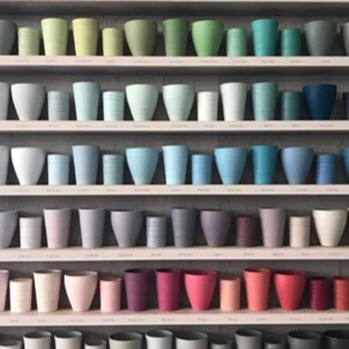 Green, blue, purple, pink, and gray ceramic plant pots on store shelves for gardening or home decor.