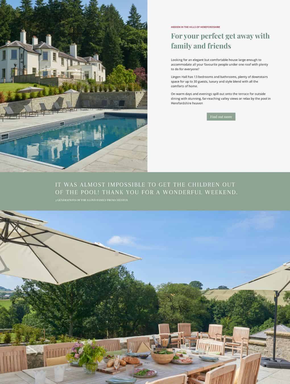 An elegant white villa overlooks a clear blue pool with lounge chairs. Below, a table set for an outdoor meal sits on a terrace—an inspiring scene, ideal for dreaming up web design services for small businesses amid countryside views. Wildcurrant Marketing