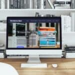 A stylish home office with a computer displaying Writers Inc website, surrounded by stacks of books and a modern desk lamp.