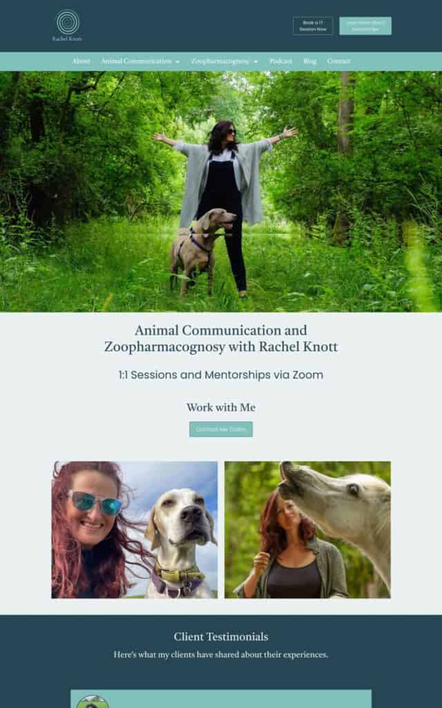 A lush green forest scene with a woman and her dog, promoting animal communication services.
