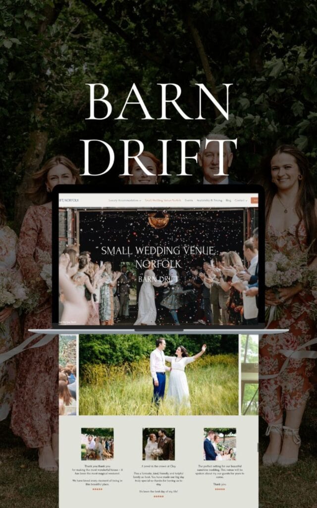 A lush outdoor wedding scene with a barn and bride and groom, Norfolk venue.