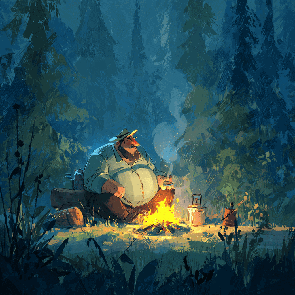 big cartoon man sat at a campfire