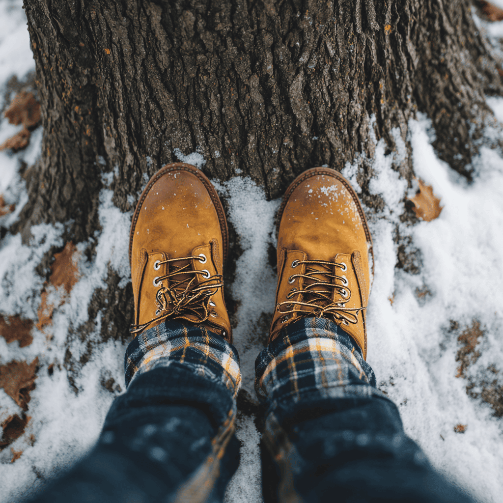 man standing near a tree looking down at his feet