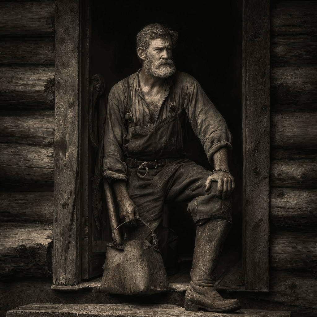 grizzled man leaving his rustic cabin