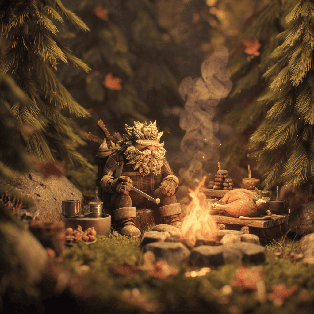 cartoon man sat around a campfire eating a feat