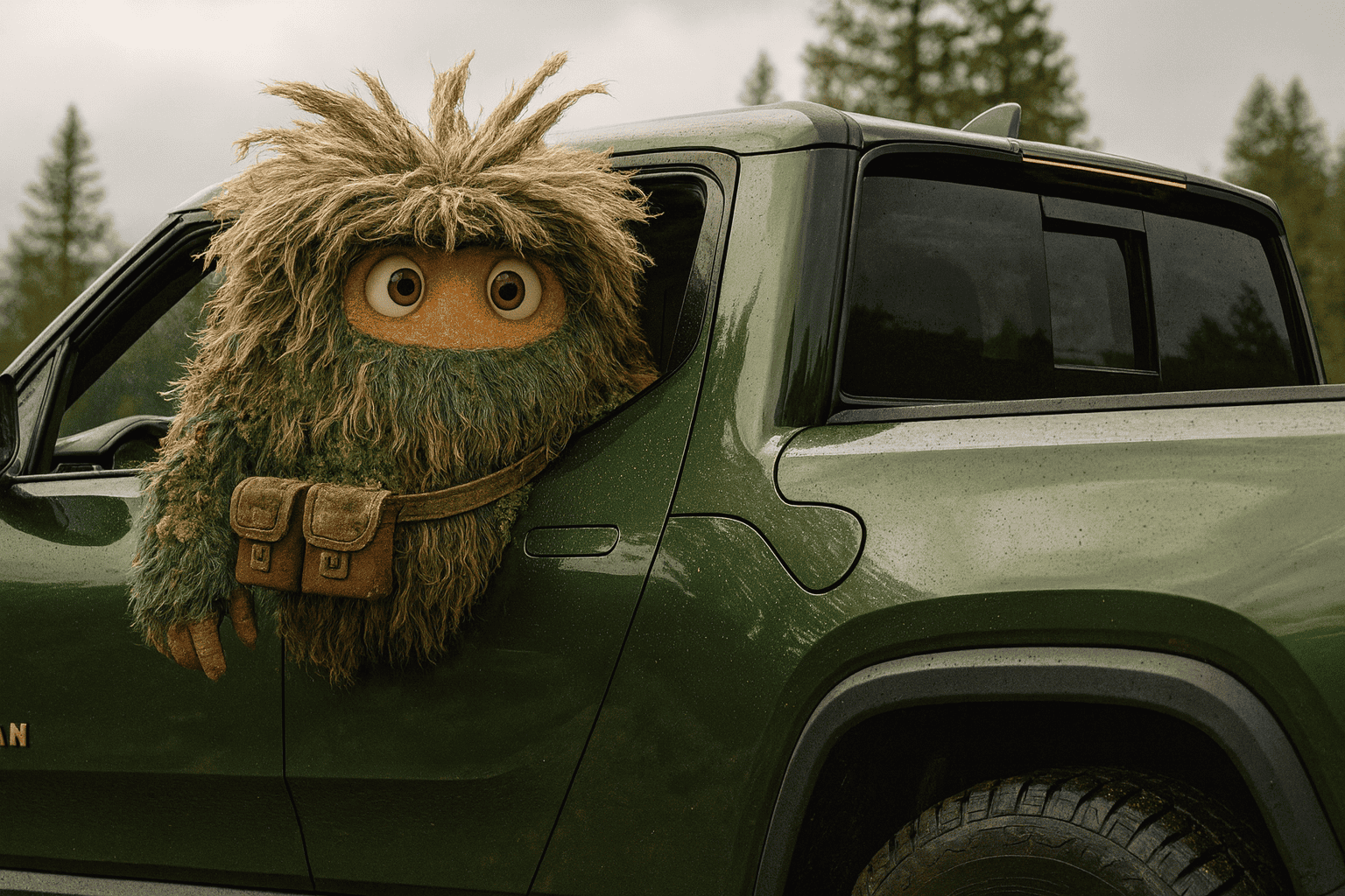 Wildman Bob hanging out of a Rivian