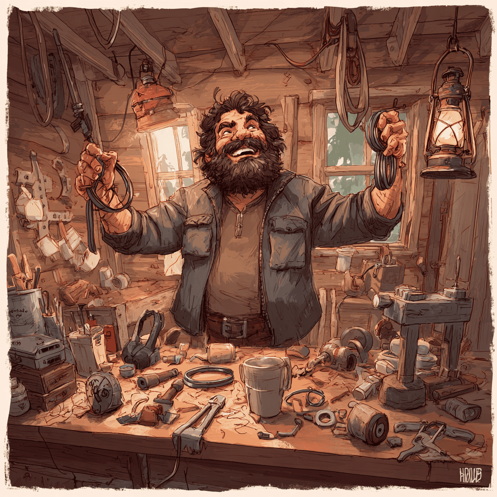 Rustic cabin interior showing multiple tools