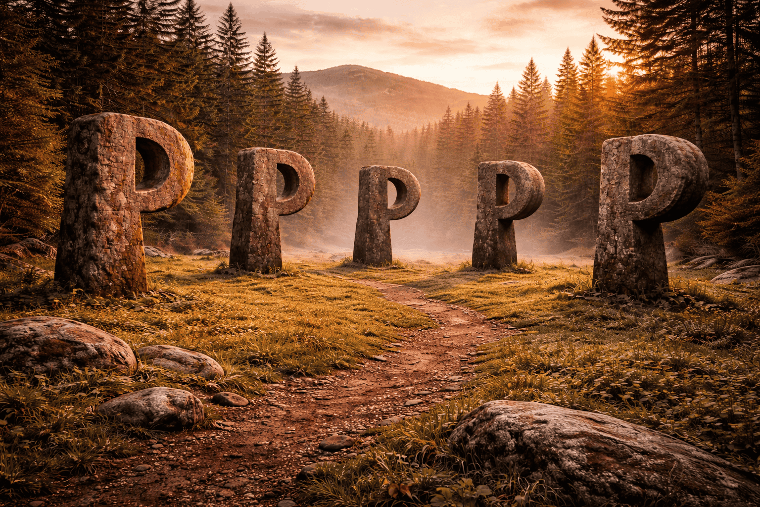 stone p's in a misty vermont forest