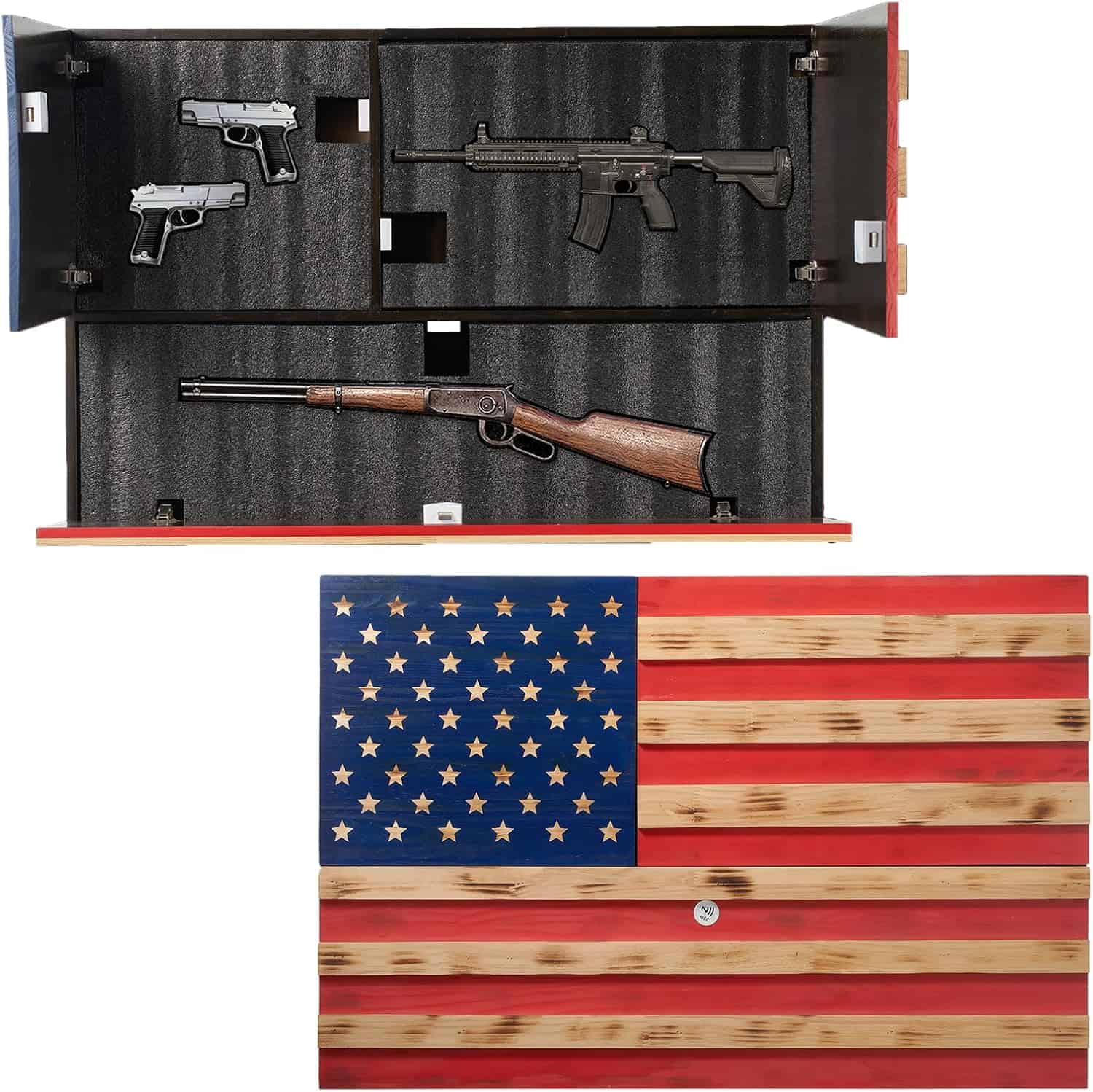 Tactical Rustic Hidden American Flag Gun Storage with Trap Door, Wall Storage | 35" x 22.5" | Firearm, Magazine and Knives Storage Easy Installation | Secure & Safe Compartment