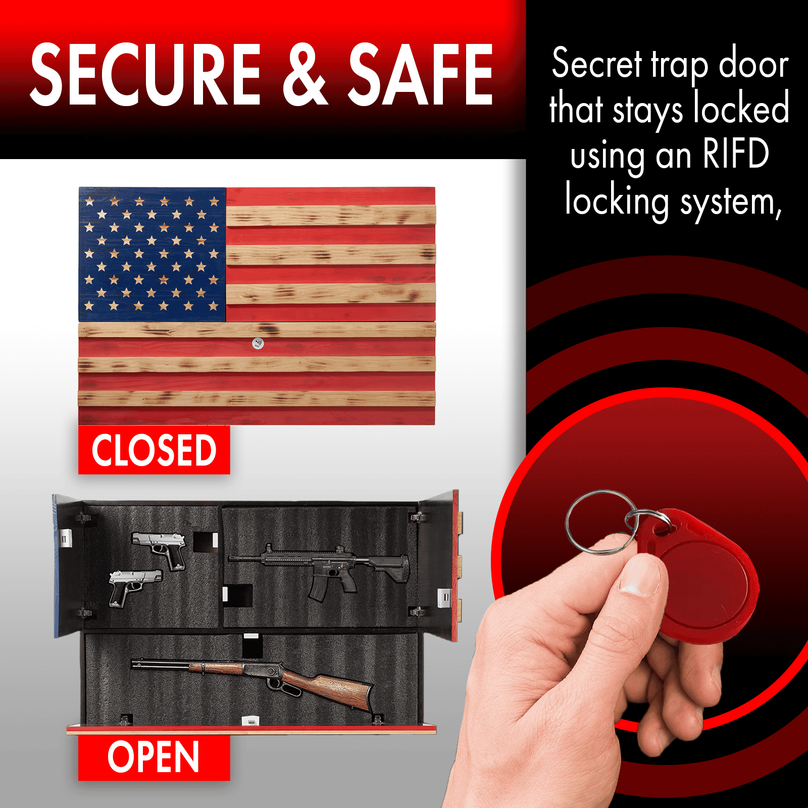 Tactical Rustic Hidden American Flag Gun Storage with Trap Door, Wall Storage | 35" x 22.5" | Firearm, Magazine and Knives Storage Easy Installation | Secure & Safe Compartment - Image 3