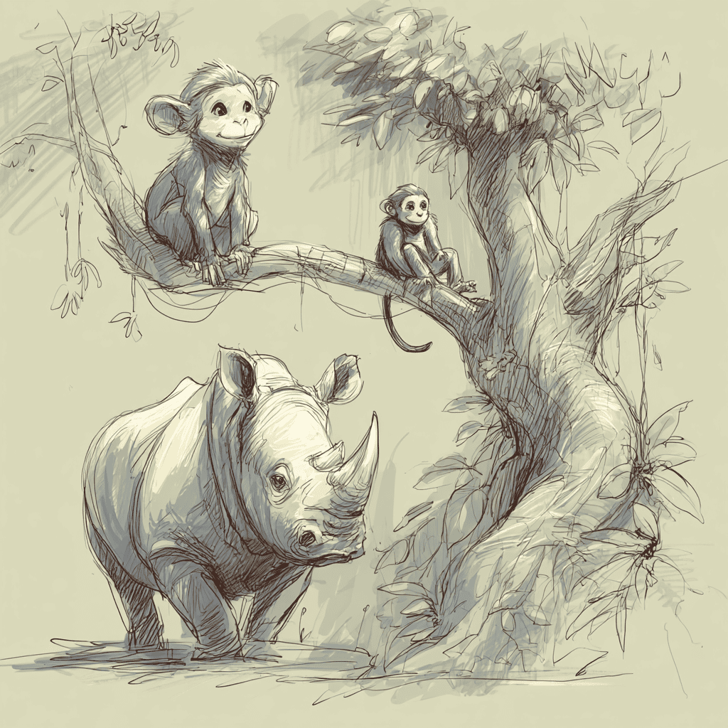 illustration of a rhino and two monkeys in a tree
