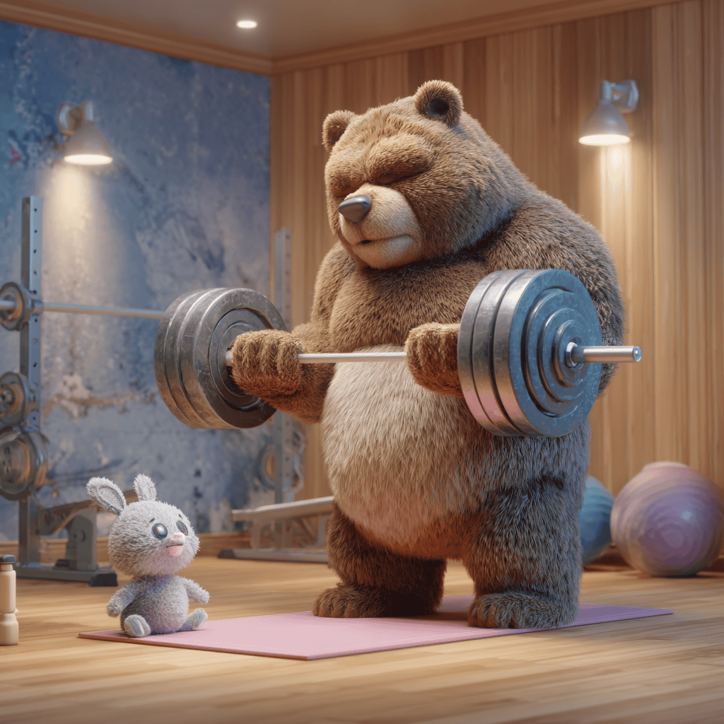 cartoon bear lifting weights in the gym