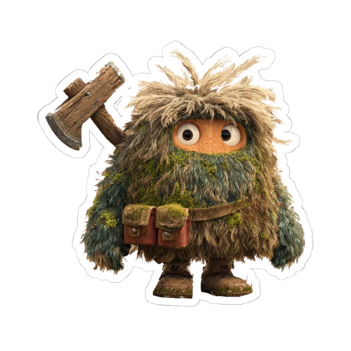 Forest Monster Axe Sticker — Cute Fuzzy Creature Kiss-Cut Sticker for Laptops & Water Bottles
