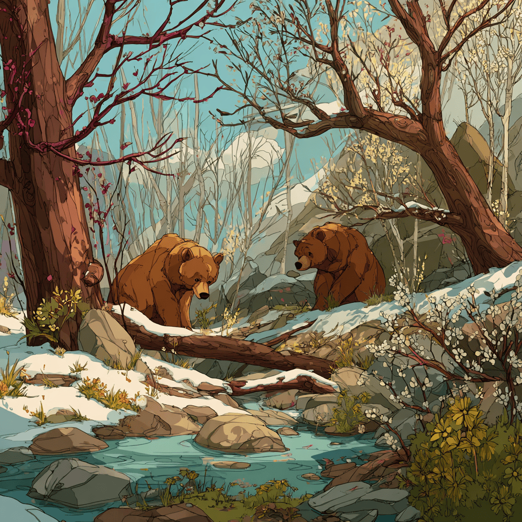 bears finished hibernating spring flowers and a stream