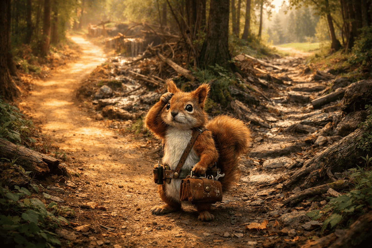 squirrel choosing the right path at a fork in the road