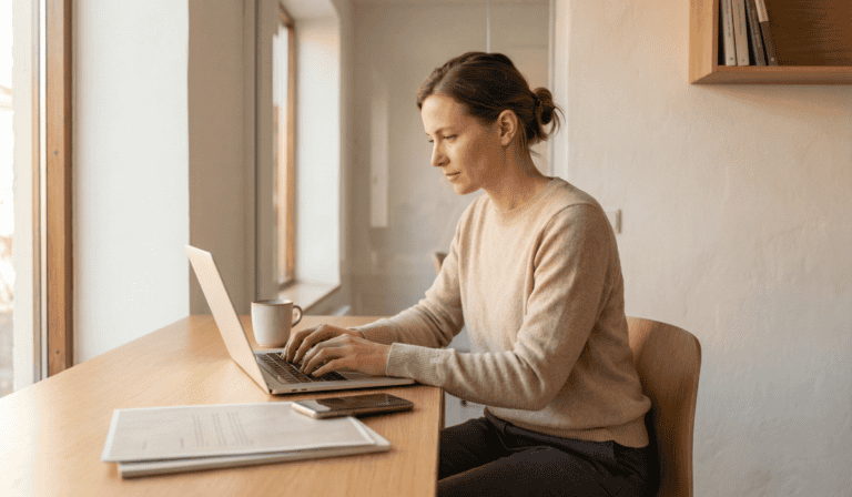 Woman working on laptop at home with a coffee mug and documents.