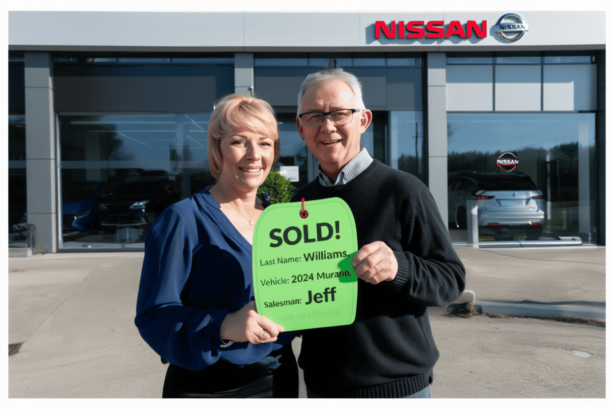 Happy couple holds "SOLD!" sign at Nissan dealership, celebrating their 2024 Murano purchase with showroom cars in the background.