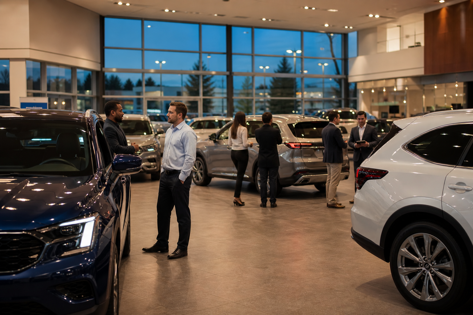 Busy car dealership showroom during a sales event in 2026
