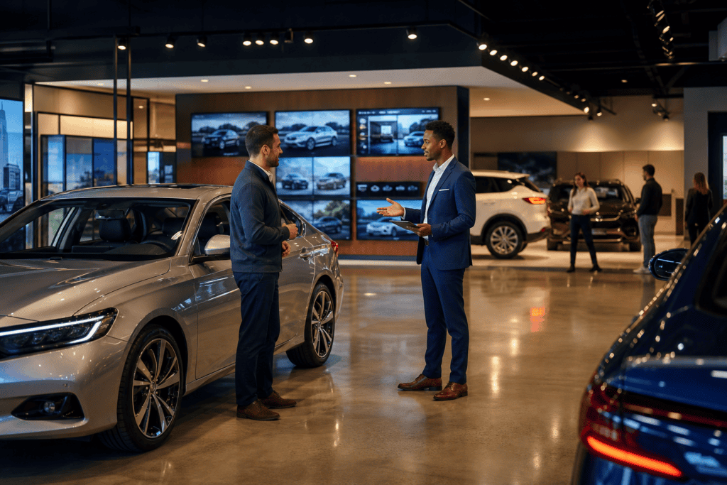 Modern car dealership showroom with sales team and customers viewing 2026 vehicles