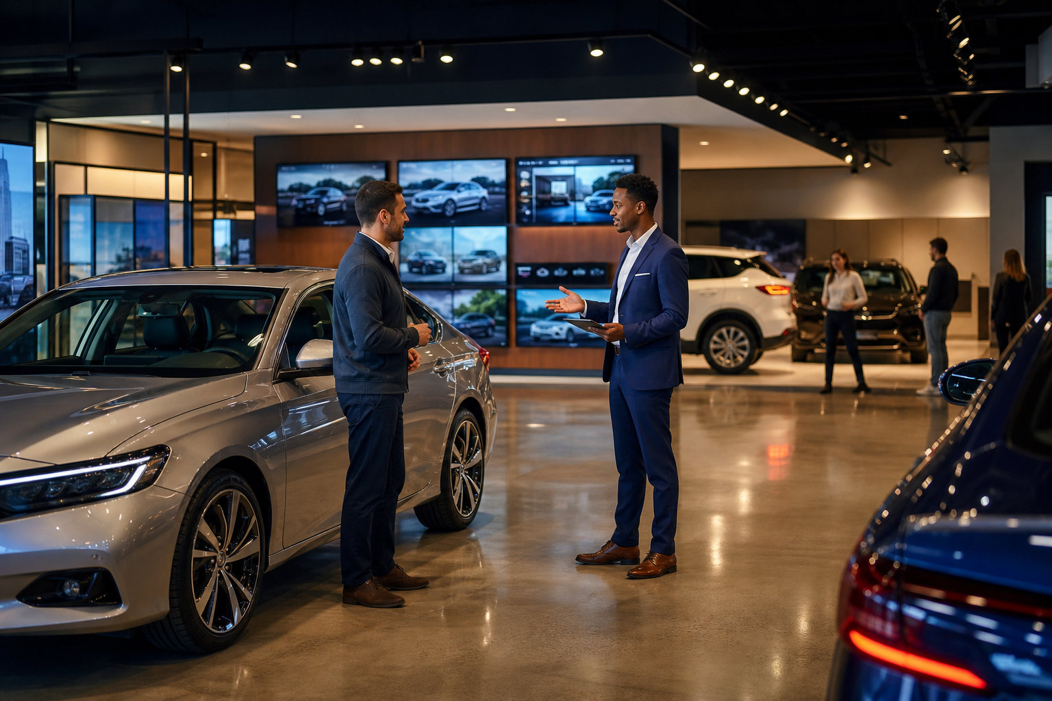Modern car dealership showroom with sales team and customers viewing 2026 vehicles
