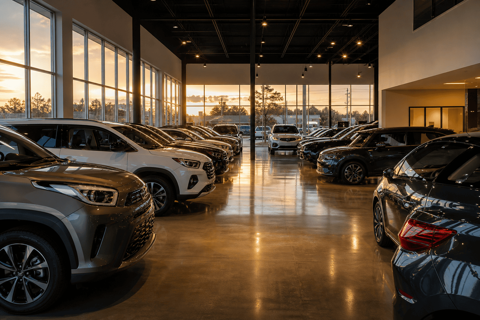Modern car dealership showroom floor with gleaming new vehicle inventory in 2026