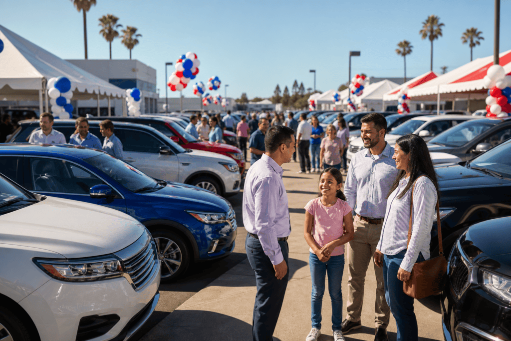 Busy dealership event marketing day with customers browsing new vehicles outdoors in 2026