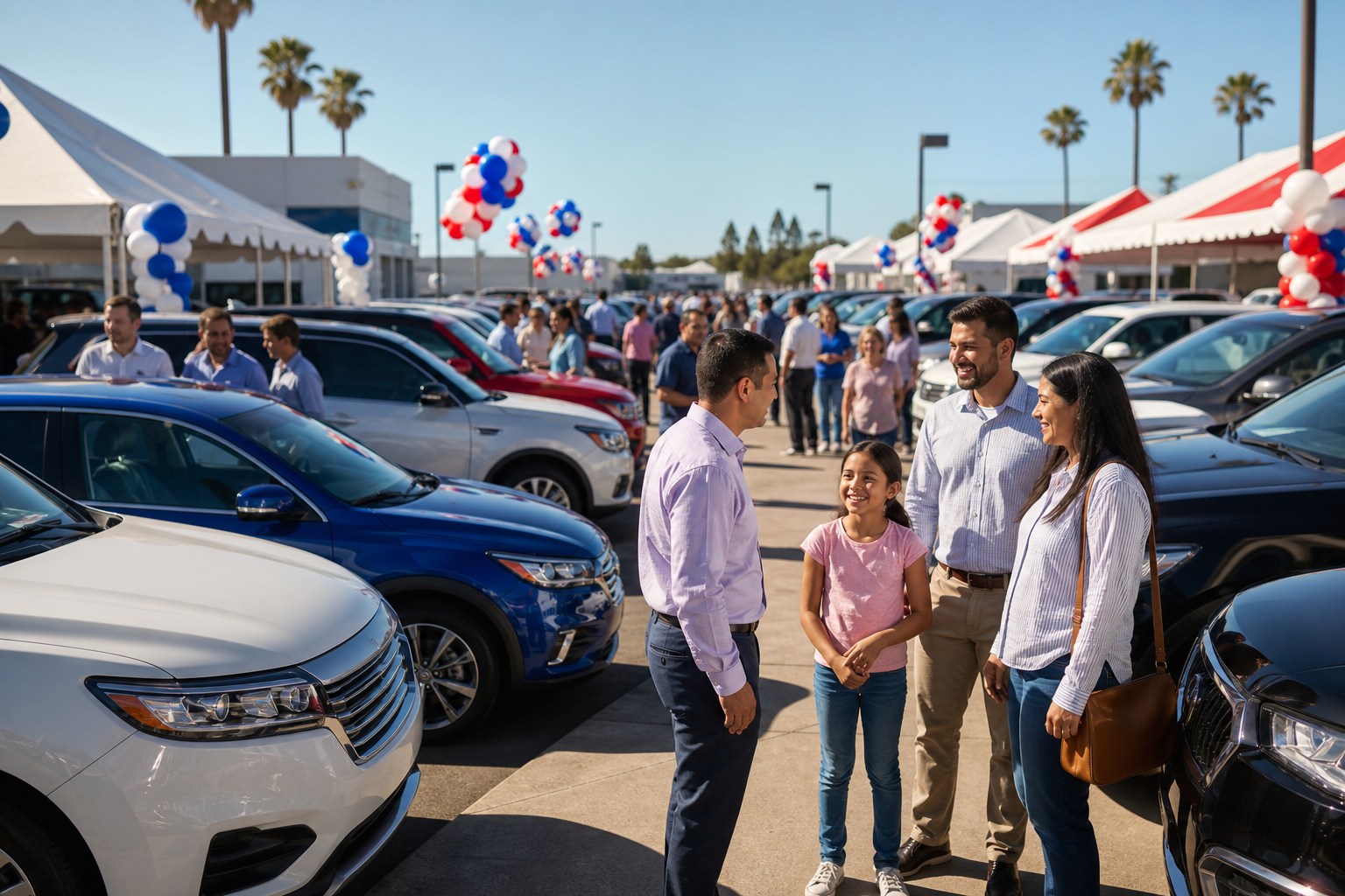 Busy dealership event marketing day with customers browsing new vehicles outdoors in 2026