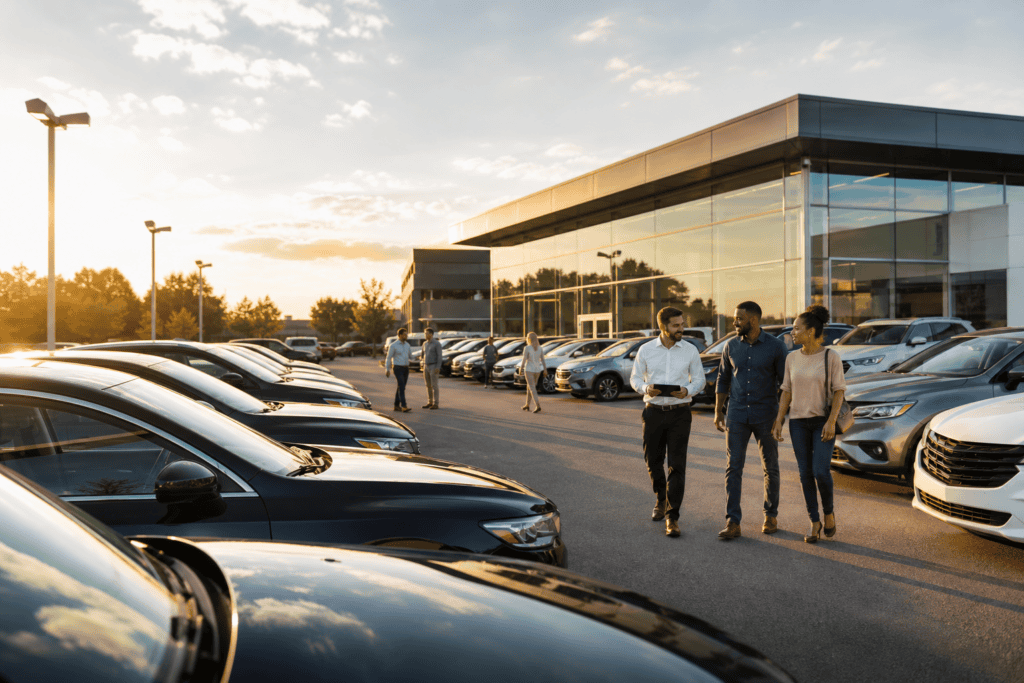 Modern car dealership lot with polished inventory and sales team assisting customers