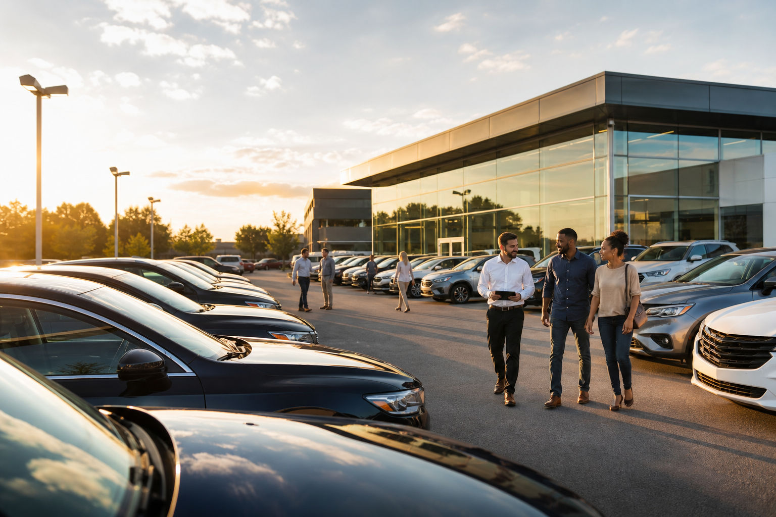 Modern car dealership lot with polished inventory and sales team assisting customers