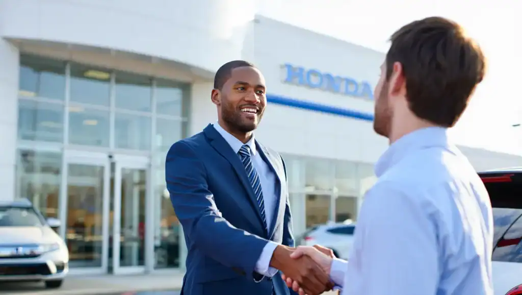 Car salesman in suit shakes hands with customer outside Willowood Ventures Honda dealership, showcasing professional auto sales and customer service, with Honda vehicles and dealership building in background.