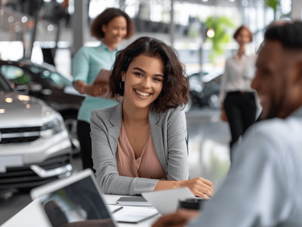 Young woman in business attire discussing car purchase with salesperson at Willowood Ventures dealership; vehicles displayed in showroom and other customers visible in background.
