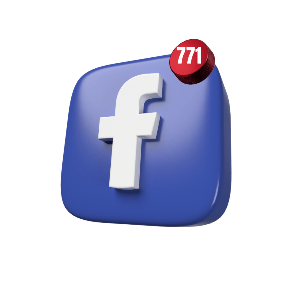 3D blue Facebook logo with white f and red notification badge showing 771, symbolizing high social media engagement for automotive dealerships.