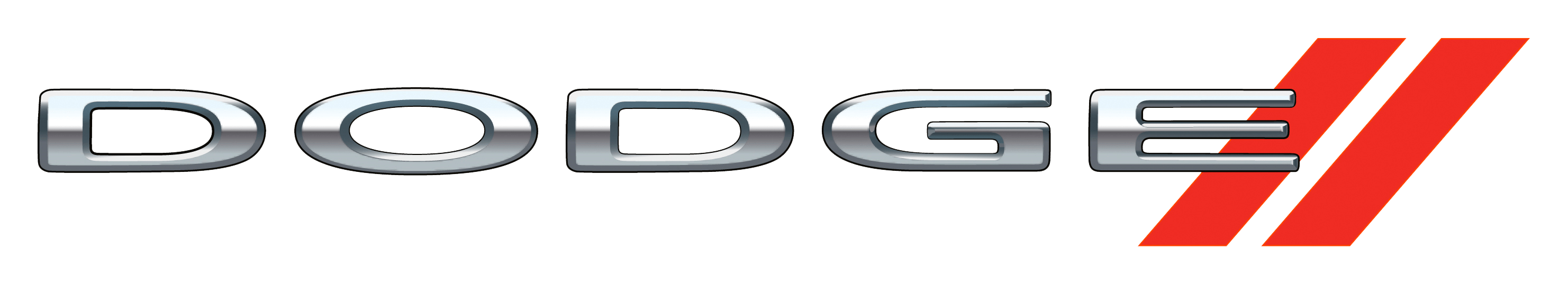 Dodge logo featuring metallic silver DODGE lettering and two red racing stripes on a transparent background; ideal for automotive branding by Willowood Ventures.