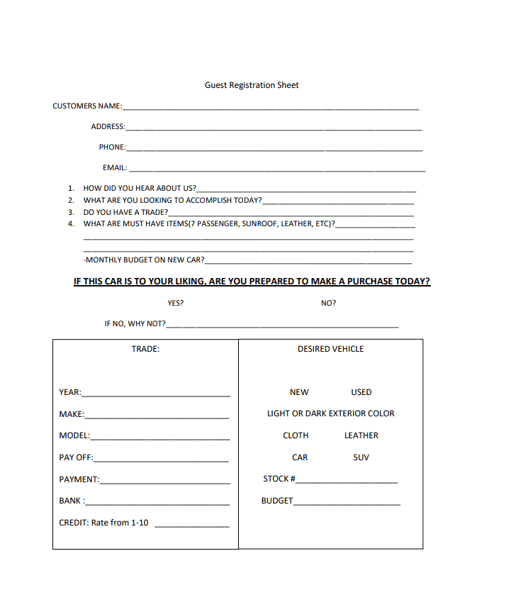 Automotive Guest Worksheet