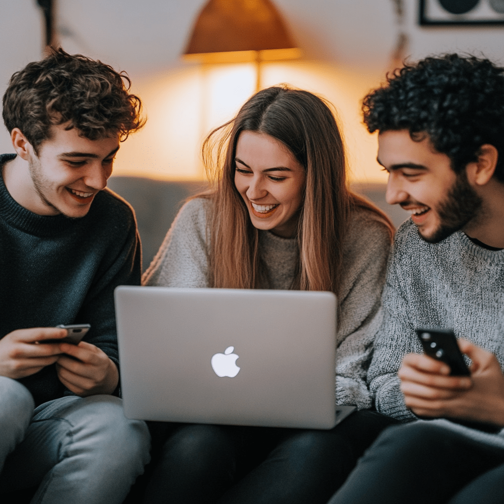Three young adults collaborate on automotive marketing strategies for Willowood Ventures, reviewing ideas on a laptop and holding brainstorming cards in a comfortable, warmly lit setting.