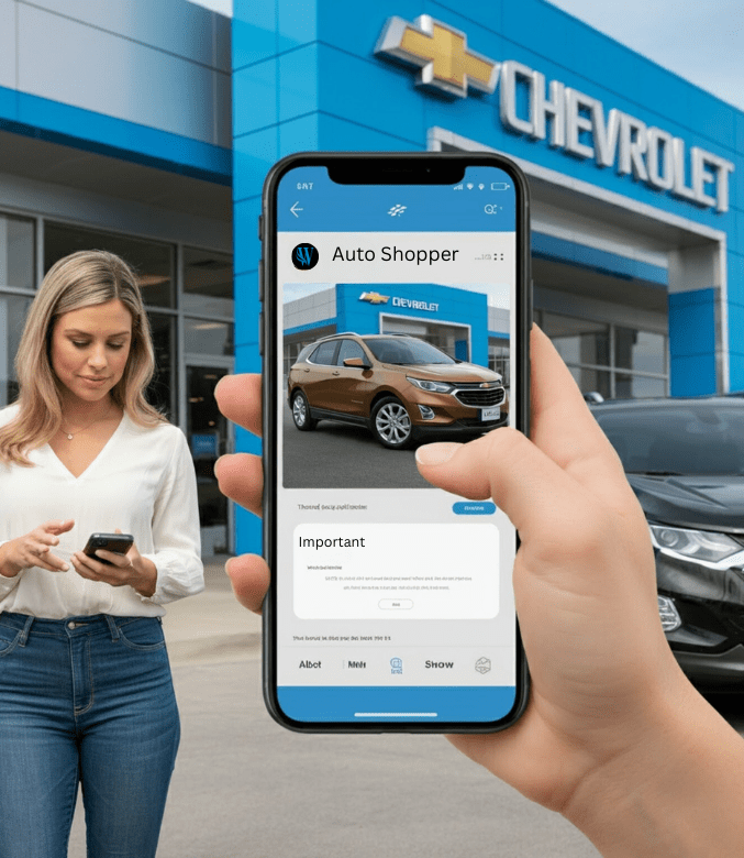 Customer using a mobile auto shopping app to browse Chevrolet car listings outside a Chevrolet dealership, with dealership signage and vehicles in the background.