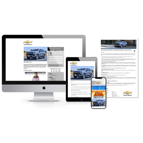 Computer, tablet, and smartphone display Willowood Ventures’ Chevrolet dealership website featuring car listings; printed document with Chevrolet logo shown alongside for multi-platform automotive marketing.