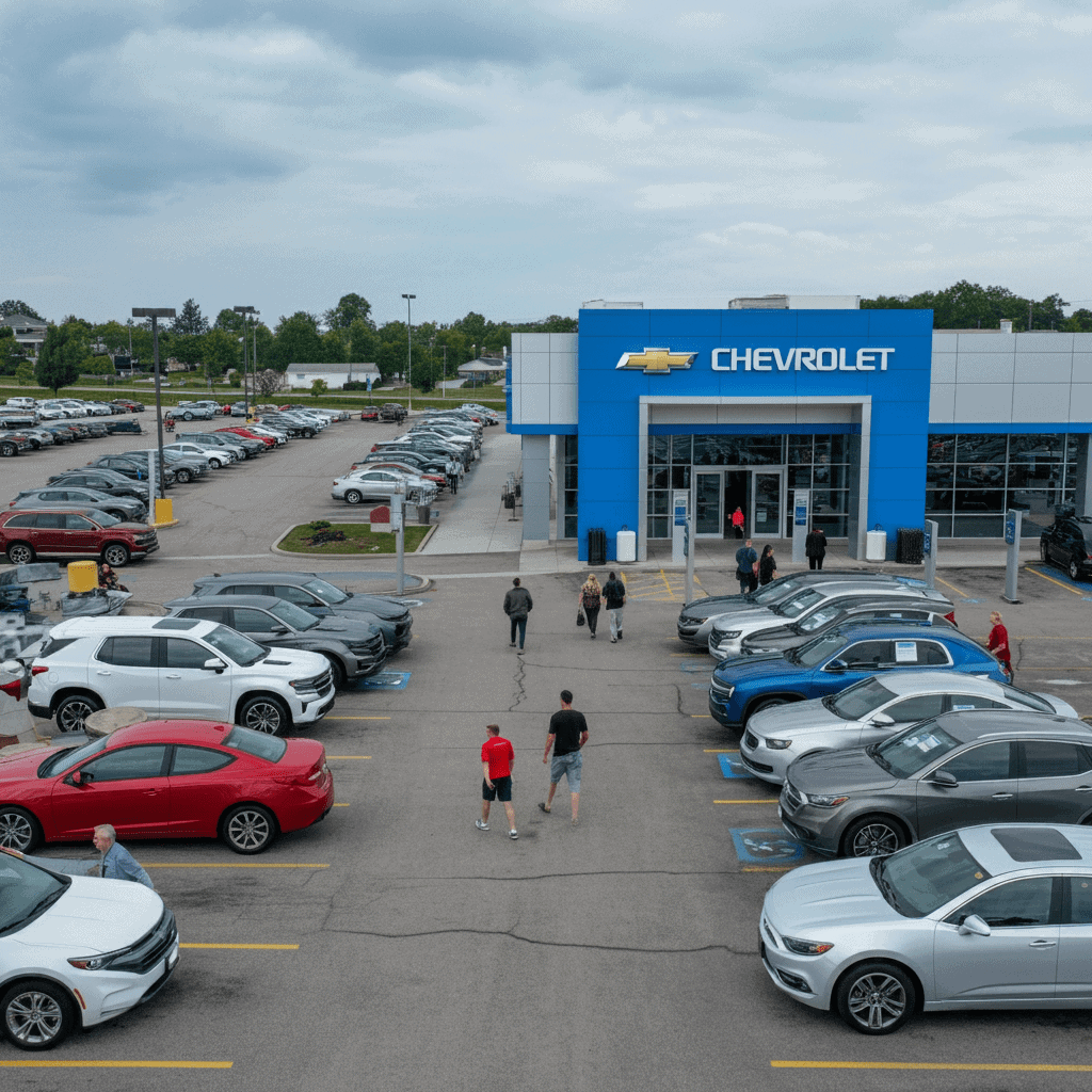 Crowded Chevrolet dealership parking lot with numerous parked vehicles, potential car sales trainees walking, and a blue-and-white showroom building visible under a cloudy sky—highlighting Willowood Ventures automotive sales environment.