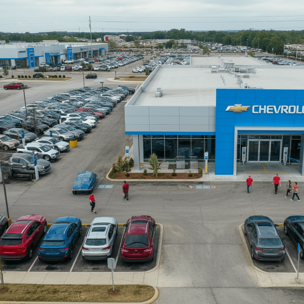 Aerial view of a Chevrolet dealership featuring new and used cars on display, customers entering the showroom, and surrounding automotive facilities visible in the background—highlighting Willowood Ventures’ automotive sales environment.