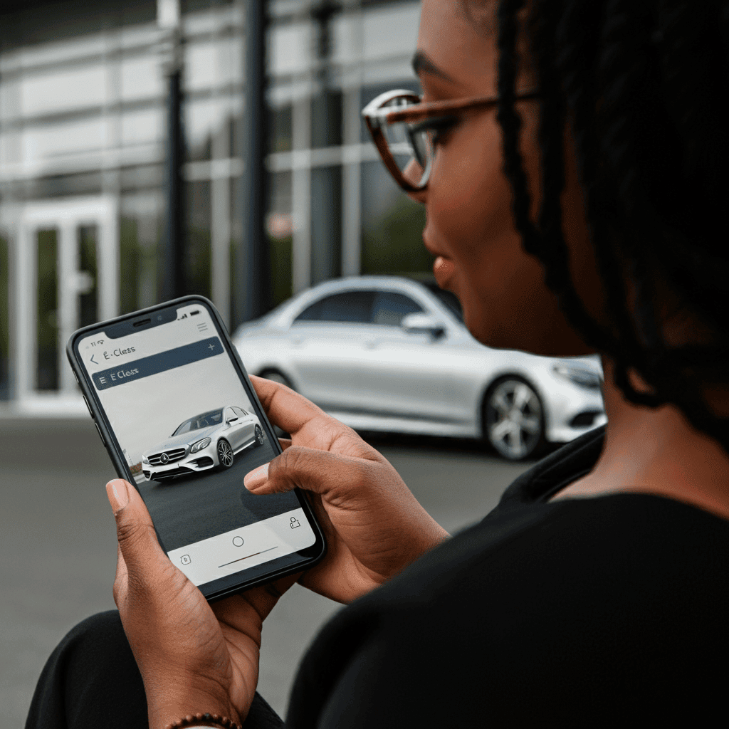 Excited auto shopper arriving at dealership to find her dream car