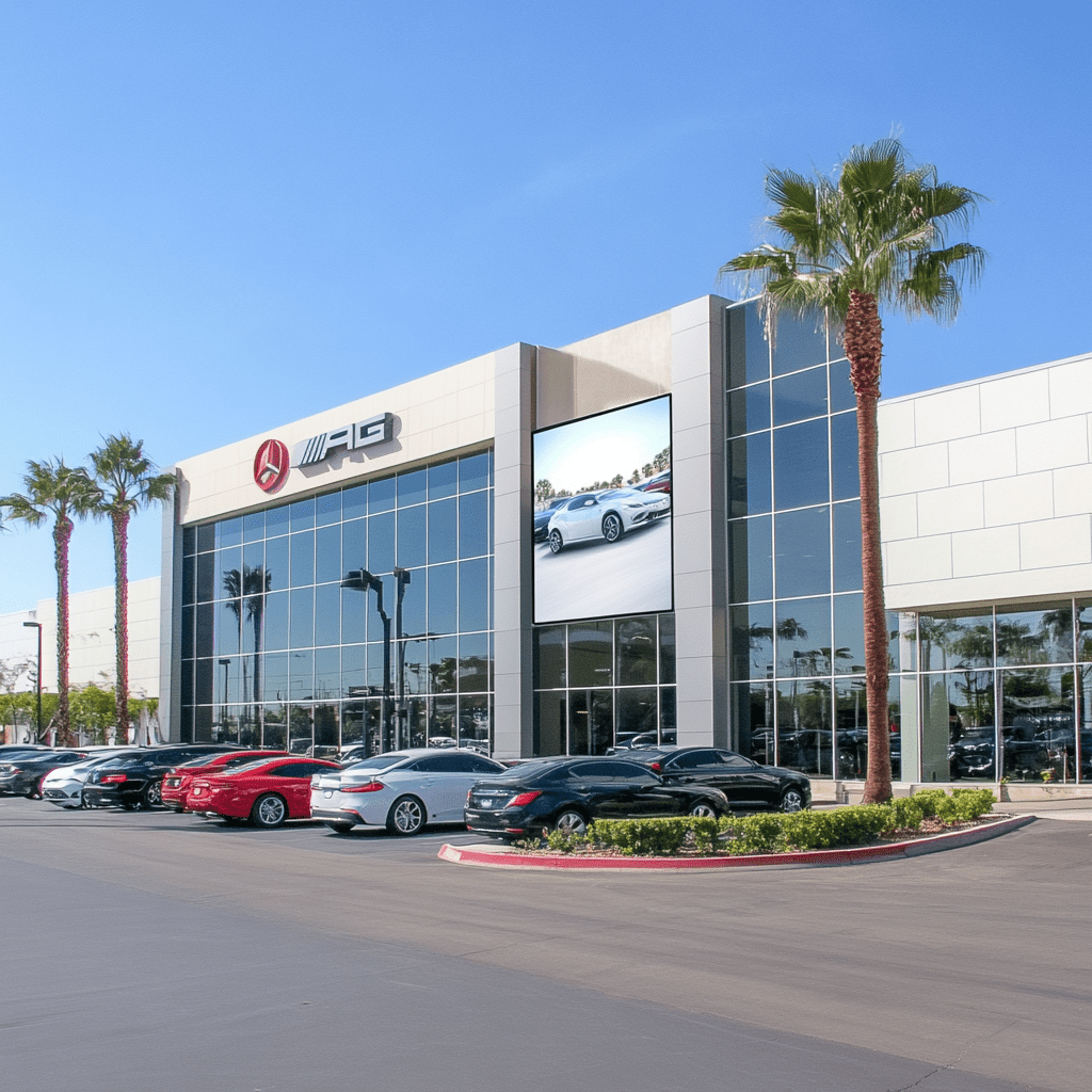Modern car dealership showroom with glass facade and palm trees, showcasing multiple new vehicles; digital display above entrance features a car in motion, under clear blue sky—ideal for Willowood Ventures automotive marketing.