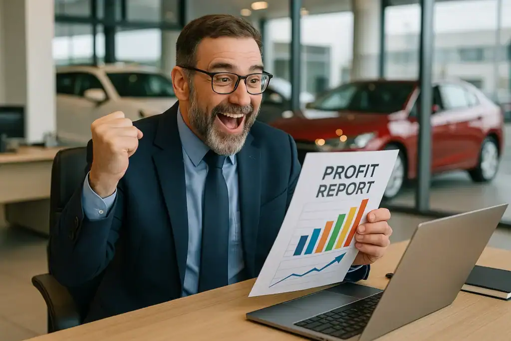 Businessman celebrating profitable automotive sales while holding a positive profit report, with cars in dealership showroom background—highlighting Willowood Ventures’ success in auto marketing and sales.