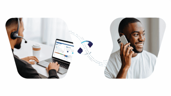 Two people network: one with a headset works on a laptop, another talks on a phone, connected by an automotive-themed graphic. The BDC is at work!